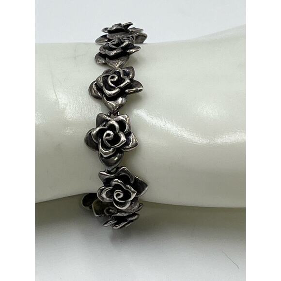 Sterling Silver Marked 925 Rose Flower Linked Feminine Oxidized bracelet 22 Gr - Picture 7 of 14